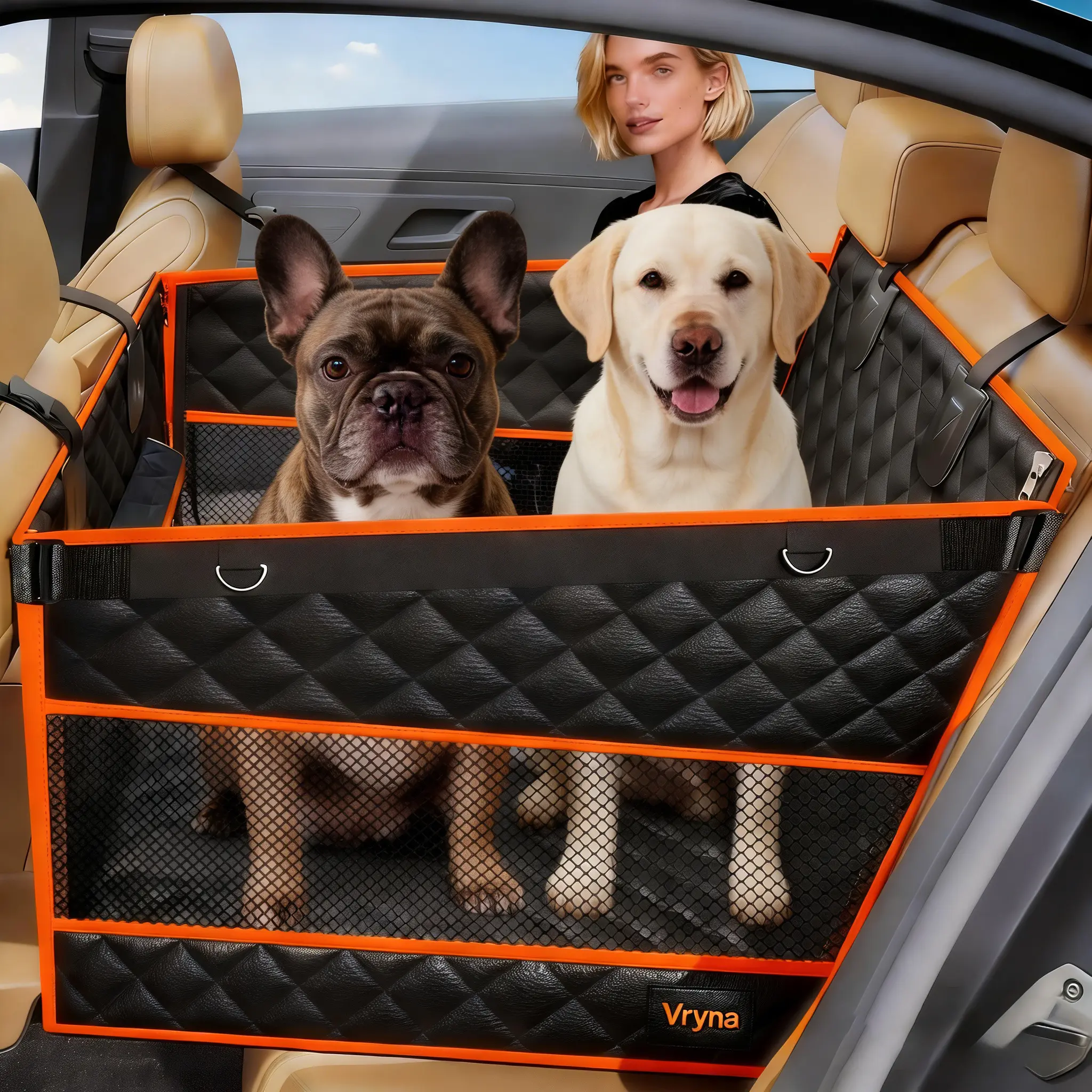 Large & medium dog car basket, rear seat extended hammock style. Hard-floor vehicle compatible, heavy-duty waterproof dog basket with 2 mesh windows, storage bag and flip straps, suitable for cars, trucks and SUVs.