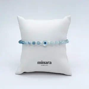 950 Silver Beaded Bracelet with Aquamarine Stone & Turkish Evil Eye Charm in Natural Mother-of-Pearl and Silver Beads Customizable Size