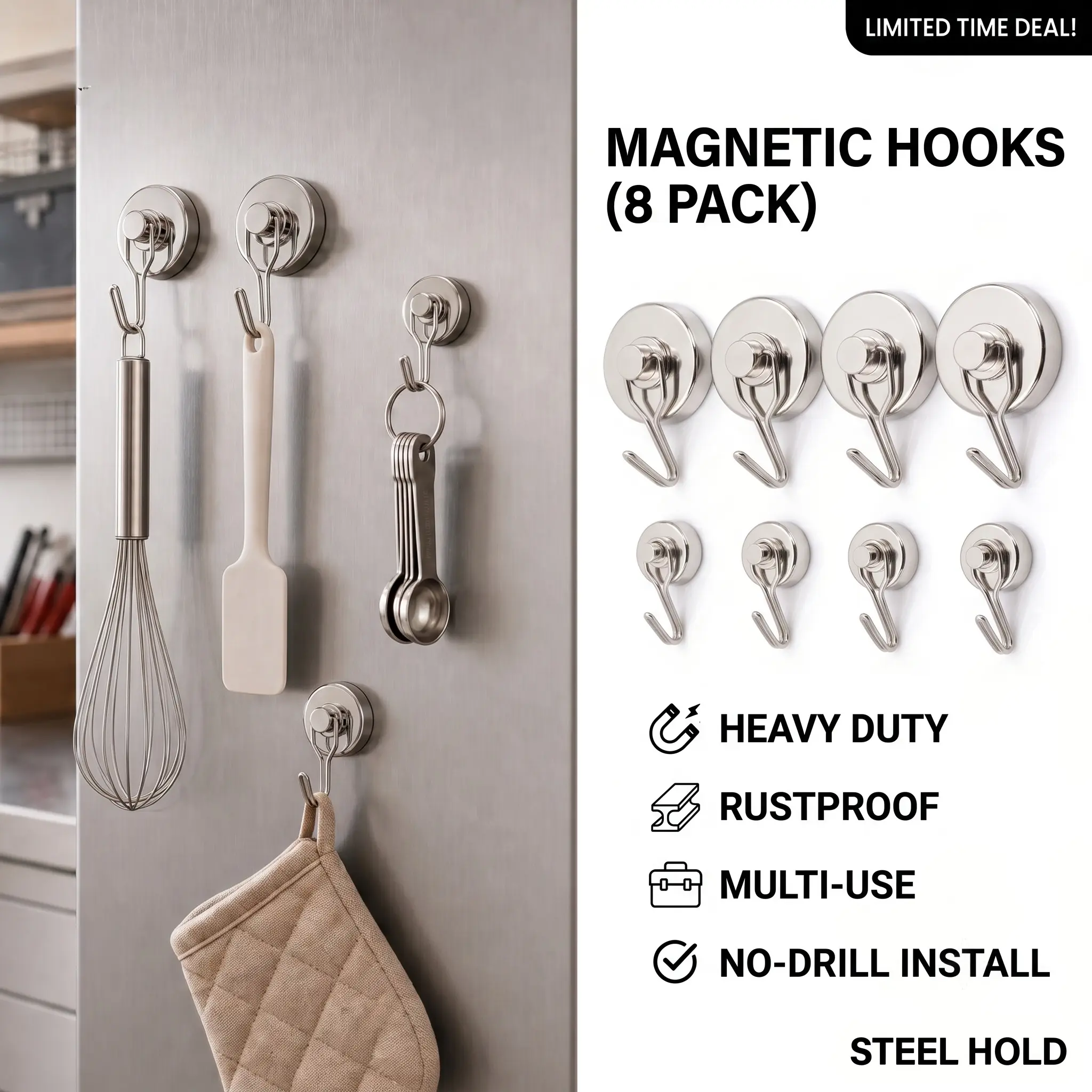 8-Pack Heavy Duty Magnetic Hooks 360° Rotating Neodymium Magnets for Garage, Kitchen & Cruise Organization | No-Drill Metal Hanger G20 & G32