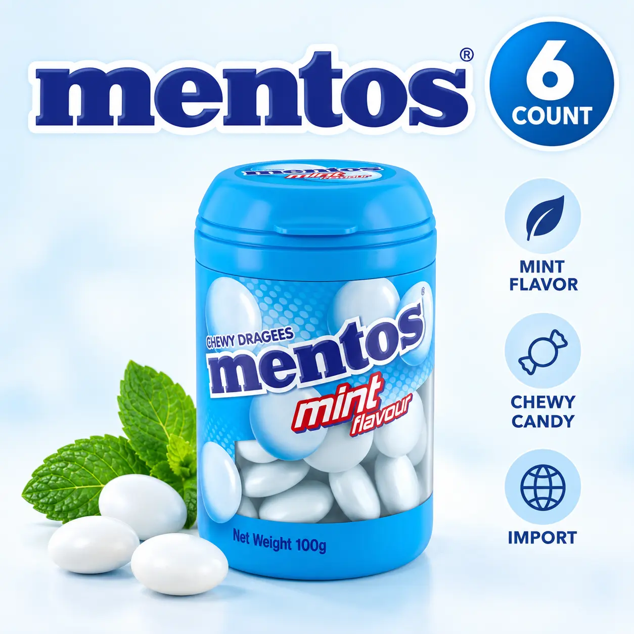 Korea-Imported Mentos Chewy Dragees Mint Flavor Candies, 4.23 oz Sweet Snacks, 6-Count Tray