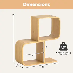 COSTWAY - 2-Tier S-Shaped Bamboo Bookcase with 2 Open Cubes for Living Room-Natural