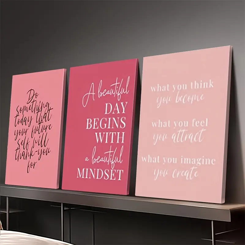 3-Piece Framed 2D Flat Print Wall Art - Waterproof Glossy Pink & Blush Pink Canvas with Inspirational Quotes, Home Decor for Living Room, Thanksgiving, Classroom, Dining Room, Corban Festival, Fade Resistant Houndstooth-Themed Accent