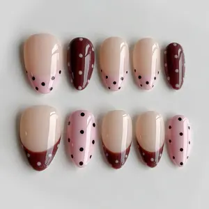 Pink Dot French Press On Nails, Brown Polka Dot Aesthetic Nails, Handmade Gel Faux Acrylic Nails, Reusable Full Cover Nail Set