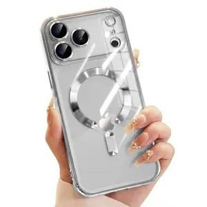 Magnetic for iPhone 17 Pro Max Case, Compatible with MagSafe [Military Grade Drop Protection] Full Camera Lens Protector Plating Soft Clear Phone Case for Women, Silver
