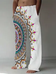 1pc Men'S Bohemian Mandala Print Wide-Leg Trousers - Loose-Fit Straight-Leg Pants With Multicolor Mandala Pattern (GreenPurple/Orange) - All-Season, Machine Washable Casual & Semi-Formal Wear For Parties, Travel, Fishing - Unique Gift For Men