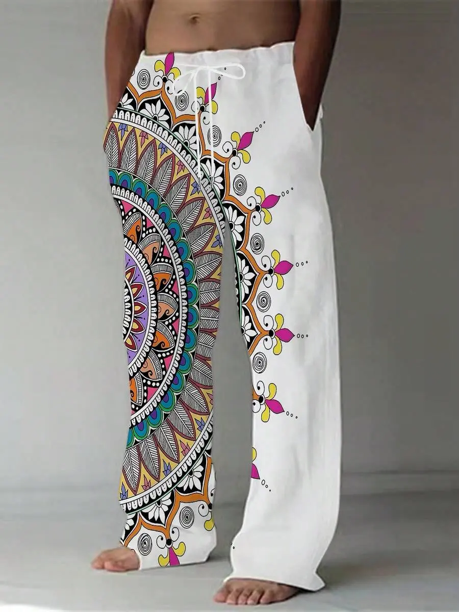 1pc Men'S Bohemian Mandala Print Wide-Leg Trousers - Loose-Fit Straight-Leg Pants With Multicolor Mandala Pattern (GreenPurple/Orange) - All-Season, Machine Washable Casual & Semi-Formal Wear For Parties, Travel, Fishing - Unique Gift For Men