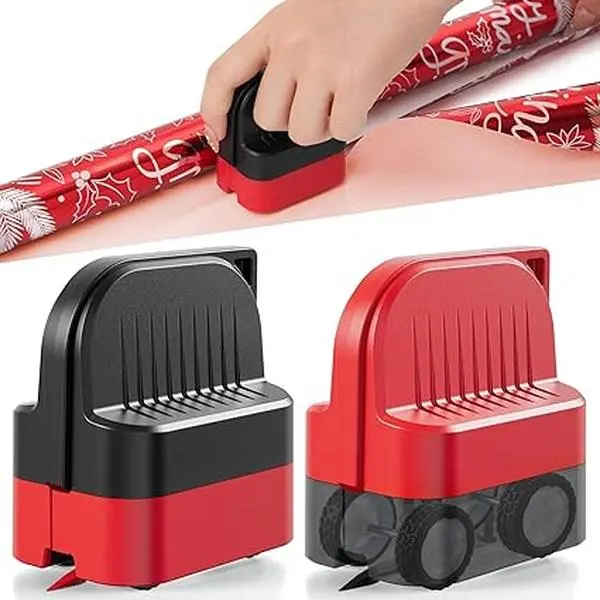 2-Pack Wrapping Paper Cutter with Wheels | Straight Line Gift Wrap Cutter for Birthday and Christmas, Fits Various Rolls and Papers, Includes 2 Replaceable Blades (Black & Red)