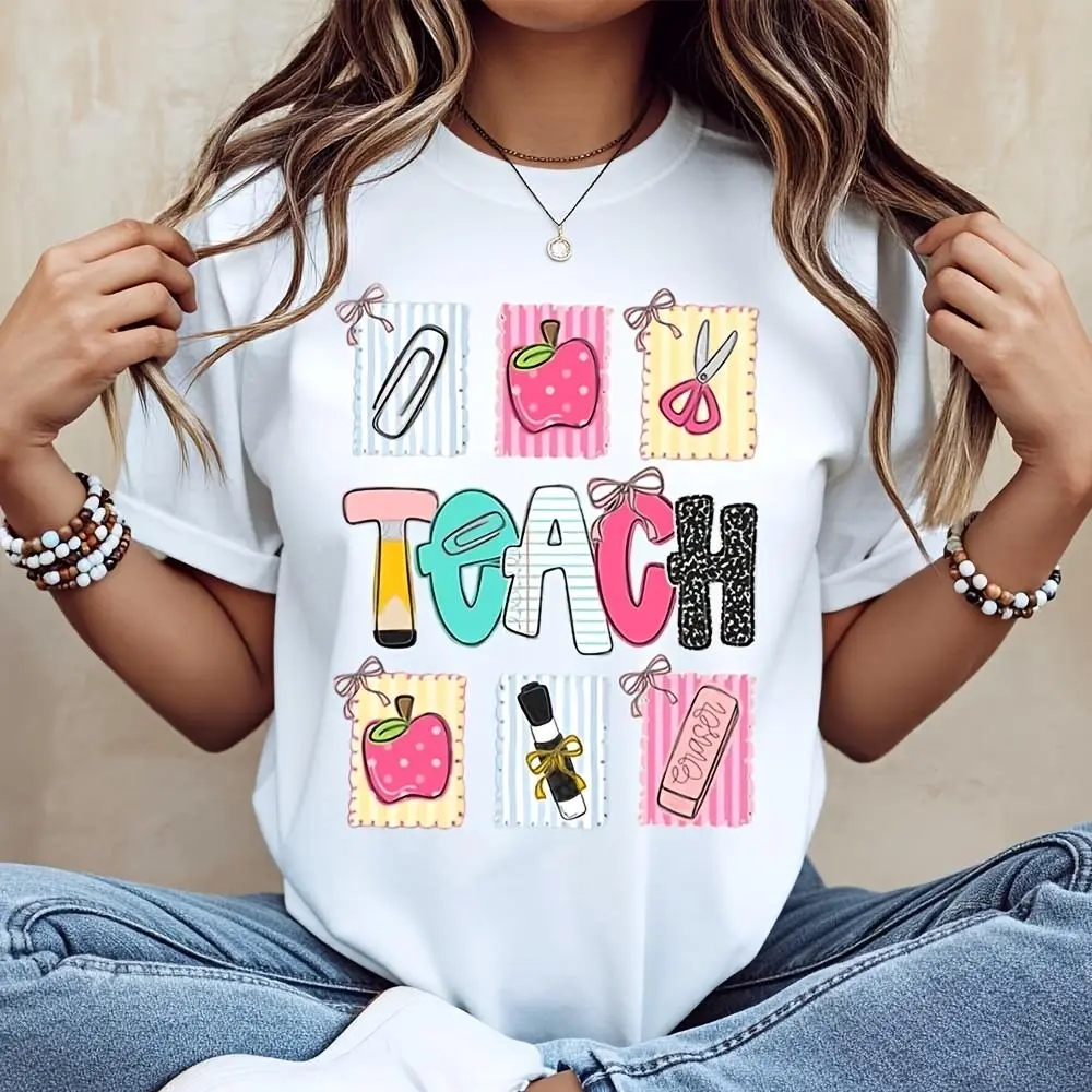 Cute School Supplies And Teach Letter Print, T-Shirt, Back To School Teacher Theme, Casual Daily Wear