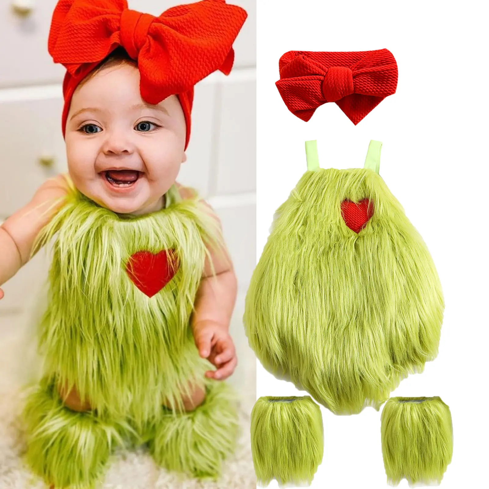 Christmas Baby Girl Outfit Infant Furry Sleeveless Romper Headband Leg Warmer Green Monster Xmas Cosplay Costume