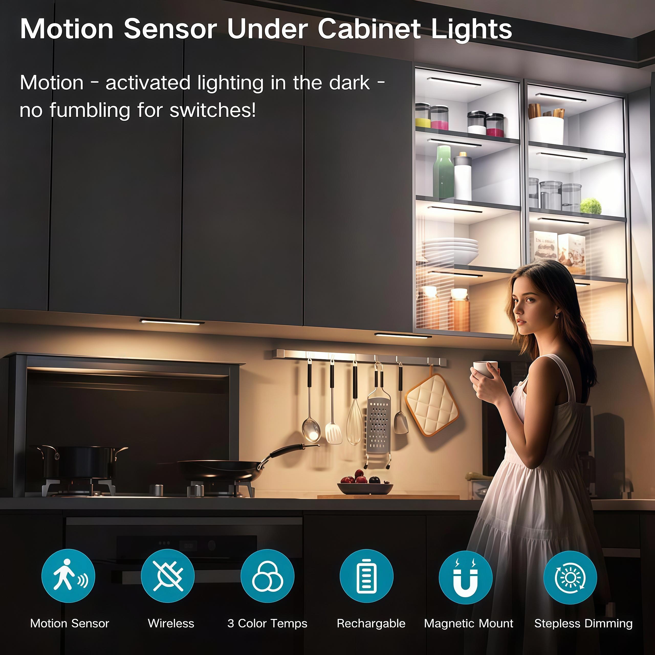4 Pack Motion Sensor Under Cabinet LED Lights, USB Rechargeable Battery Powered Wireless Magnetic LED Strip Lights, Stick-On Night Light for Kitchen Counter Closet Wardrobe Cupboard Stair, Auto Shut-Off, Eye-Care Soft Gradual Brightness