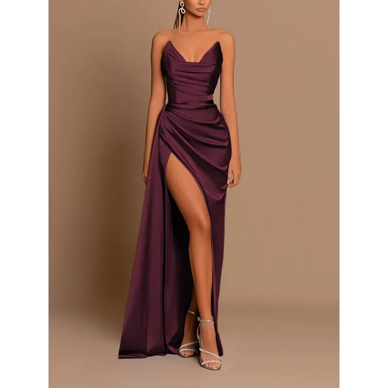 Women'S Elegant And Sexy Summer Evening Gown with a Deep V-Neck, Fitted Waist, Satin Fabric, And Side Slit.