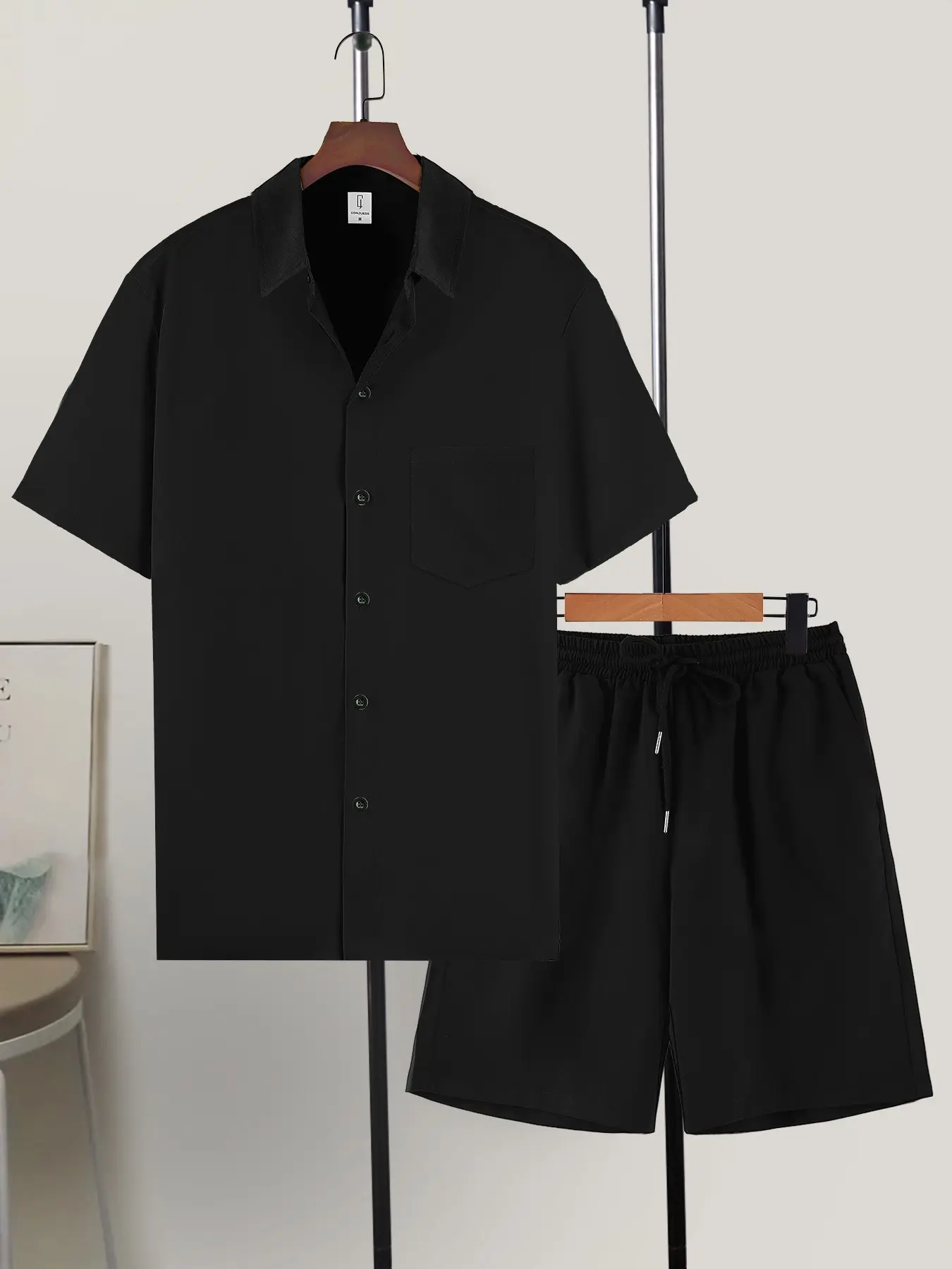 Men's All-Black Luxury Loungewear Homewear Outfit Set - Short-Sleeve Button-Up Shirt+ Drawstring Shorts, Ultra-Soft Smooth Fabric, Relaxed Fit, Perfect for At-Home Lounging, Evening Relaxation, Casual Home Gatherings & Lazy Weekend Days