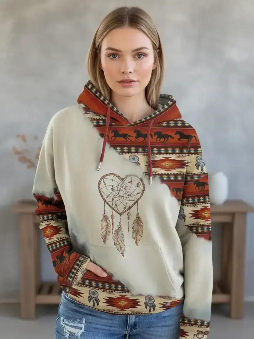 Women's Ethnic Pattern Patchwork Geometric Horse Print Drawstring Loose Baggy Pullover Hoodie with Pockets, Tops, Casual Long Sleeve Drop Shoulder Hooded Sweatshirt for Daily Holiday Outdoor Wear, Ladies Clothes for All Seasons