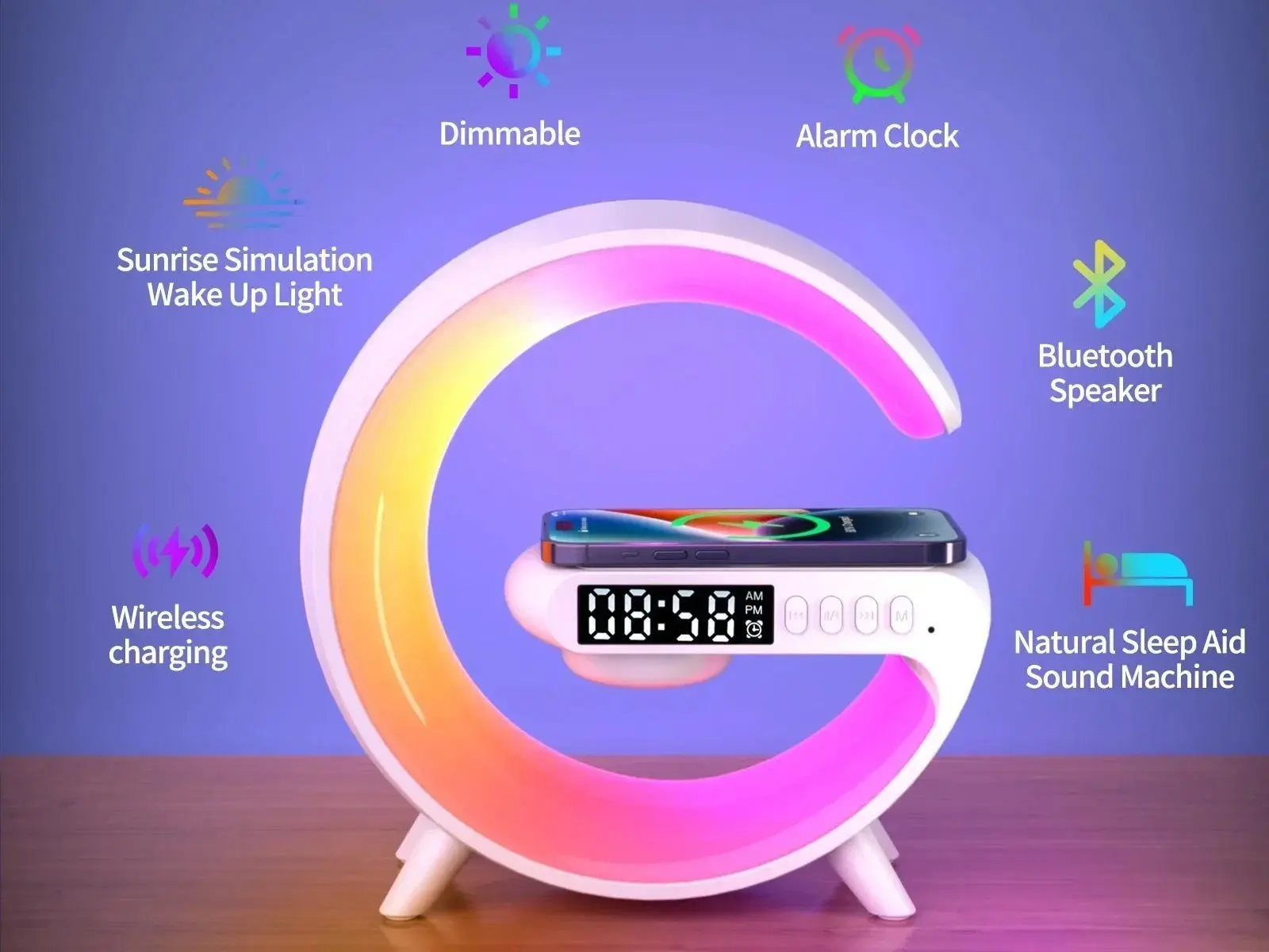 15W RGB Light Bluetooth 5.0 Speaker Alarm Clock Charger - USB Type-C Cable, 12V Fast Wireless Charging Base Pad, ABS Plastic Station for iPhone Samsung Smartphones with Card Slot & Sound, Max 15W