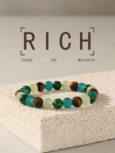 'boon Tide' Bracelet, Aquamarine, Tiger Eye Stone & Malachite Triple Energy, Ocean-To-Land Wealth Confidence Jewelry, 8mm Chain