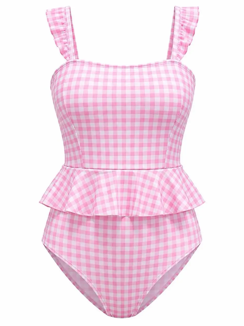 Women's Pink Gingham Peplum Modest Swimsuit, High Waisted 1-Piece with Tummy Control, Ruffle Straps and Open Back for Beach Swimming, Modestswimsuits, High Waisted Swimwear, Back-Open, High-Waisted Back-Open