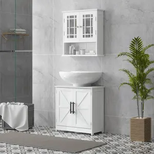 Farmhouse Pedestal Sink Storage Cabinet with 2 Barn Doors Adjustable Shelf White 23.6" L x 11.8" W x 23.6" H for Small Bathrooms