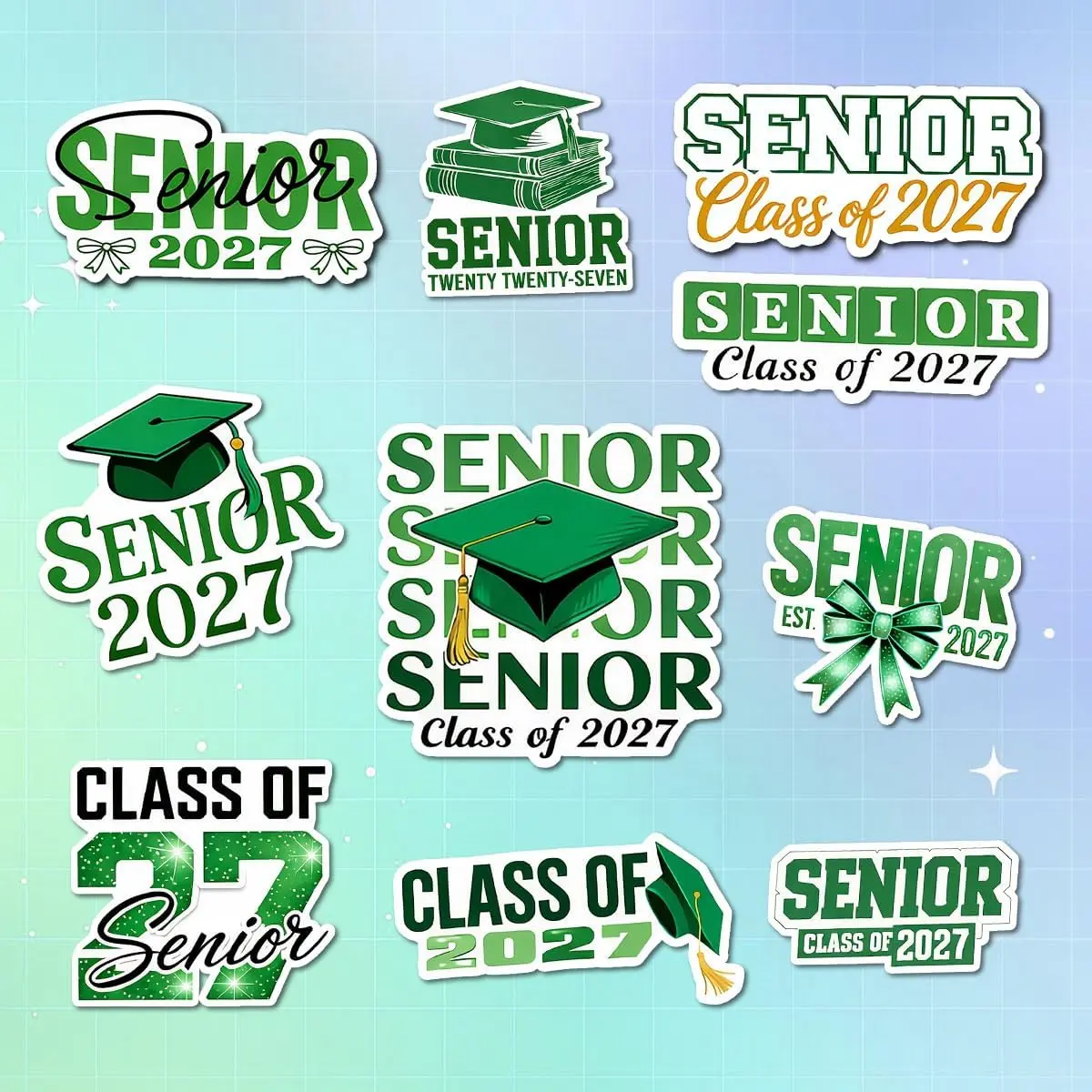 Senior Class of 2027 Graduation Stickers, Blue Graduation Cap, Senior 27 Typography, High School Gift Stickers Die-Cut Waterproof for Laptop, Water Bottle, Phone
