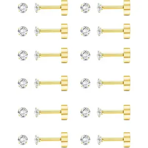 Drperfect 12 Pairs Flat Back Earrings 20G Cartilage Earring Stud Tiny 2MM 3MM 4MM Flat Back Stud Earrings Daily
