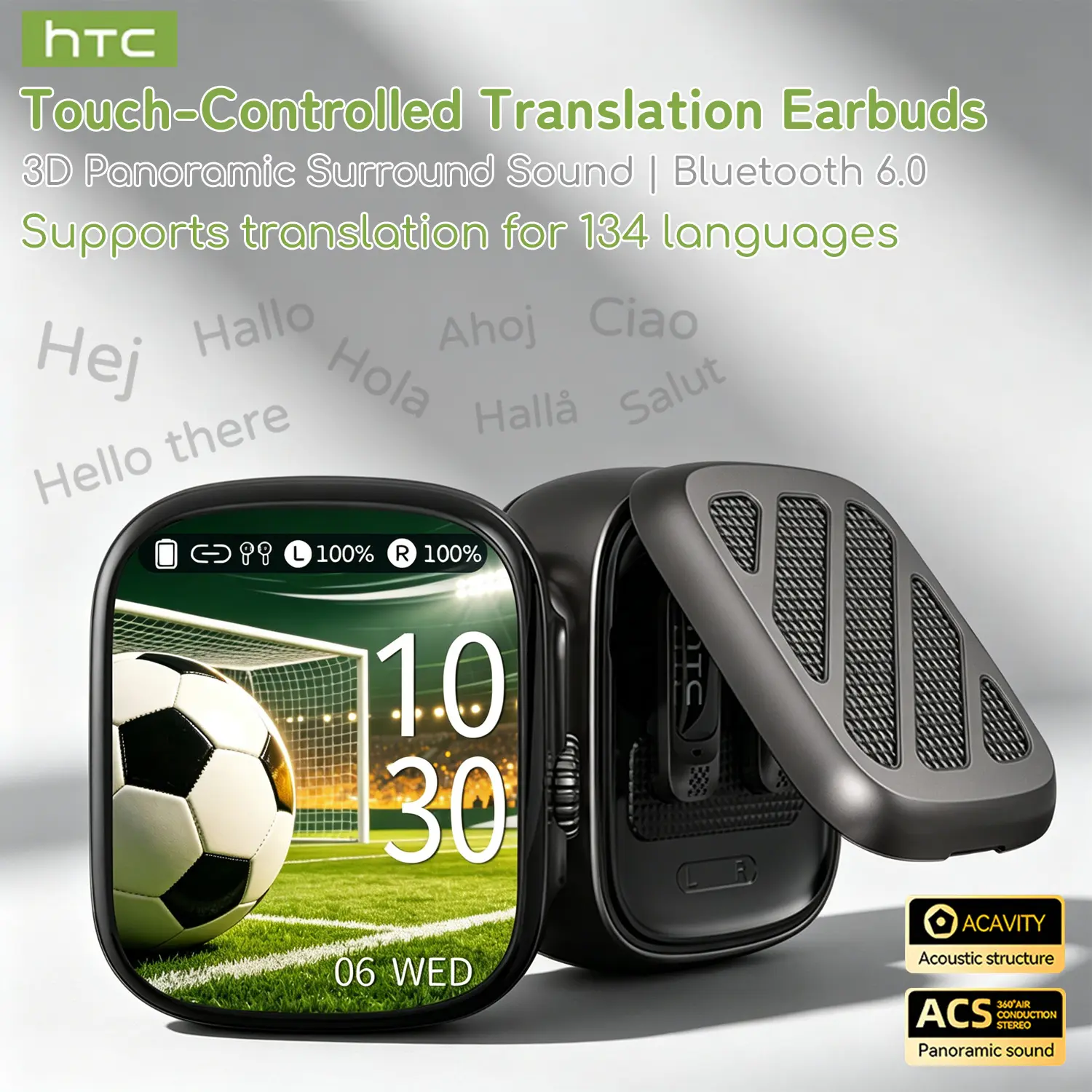 hTC NE72 AI Translator Earbuds with Touchscreen Case, No App Needed, Real-Time Language Translation, Bluetooth Wireless Earphones