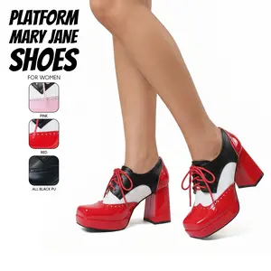 Platform Mary Jane Shoes For Women Square Toe Chunky Block High Heels lace Up Gifts for her Brouge Colorblock Oxford Heel Comfy Slip On Retro Vinatge Casual Concert Date Party Heeled Shoes