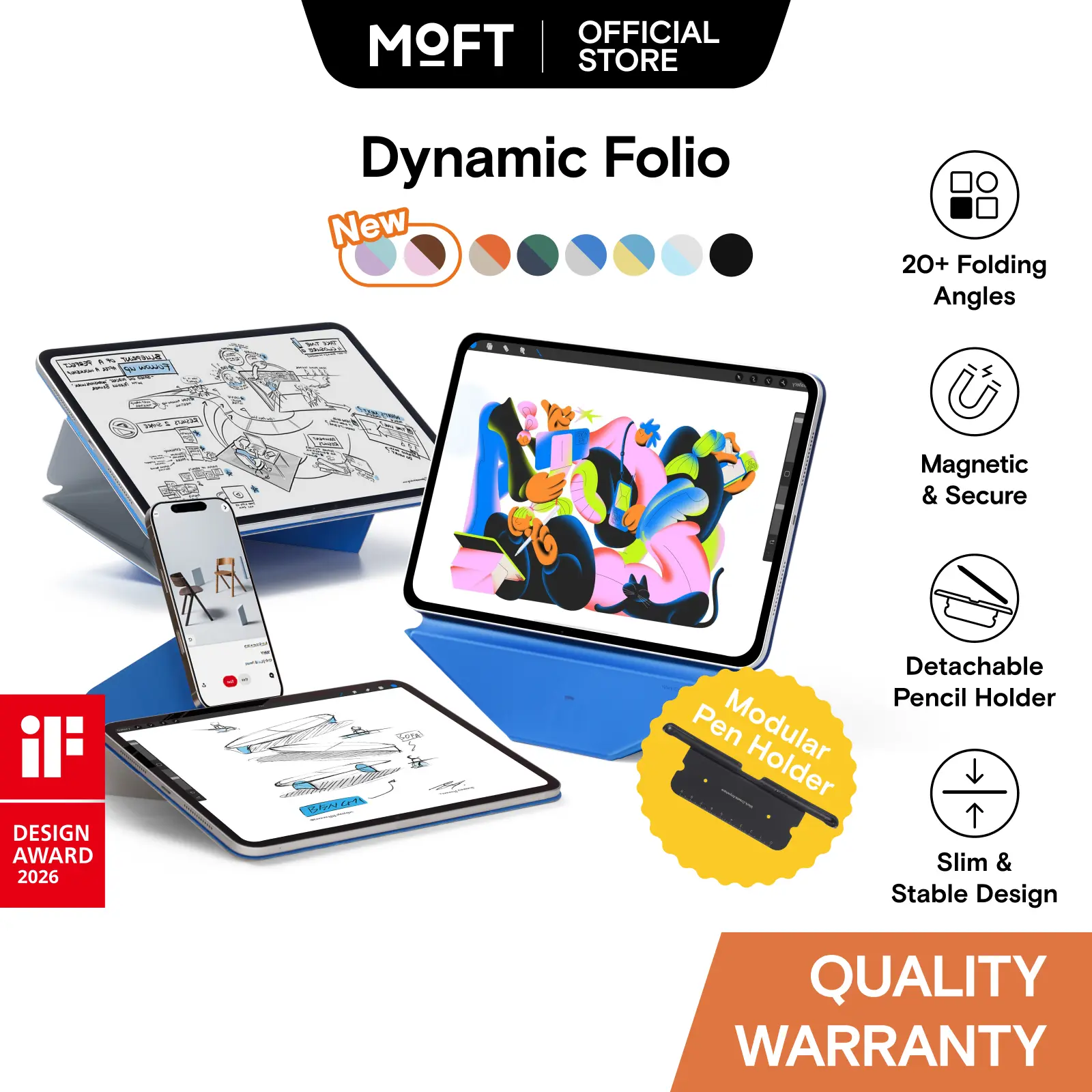 MOFT Dynamic Folio & Pencil Holder - Magnetic iPad Case, Folding Tablet Stand, Floating Mode, Multi-Angle Viewing, Dual-Screen Viewing with Smartphone, Lightweight Portable Tech Accessory