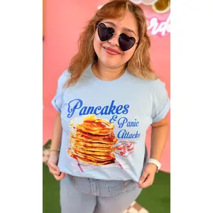 Tees2urdoor Women's Casual Light Round Neck Short-Sleeve T-Shirt - Streetwear Graphic Top with "Pancakes And Panic Attacks" Print, Comfortable Fabric, Pairable with Jackets