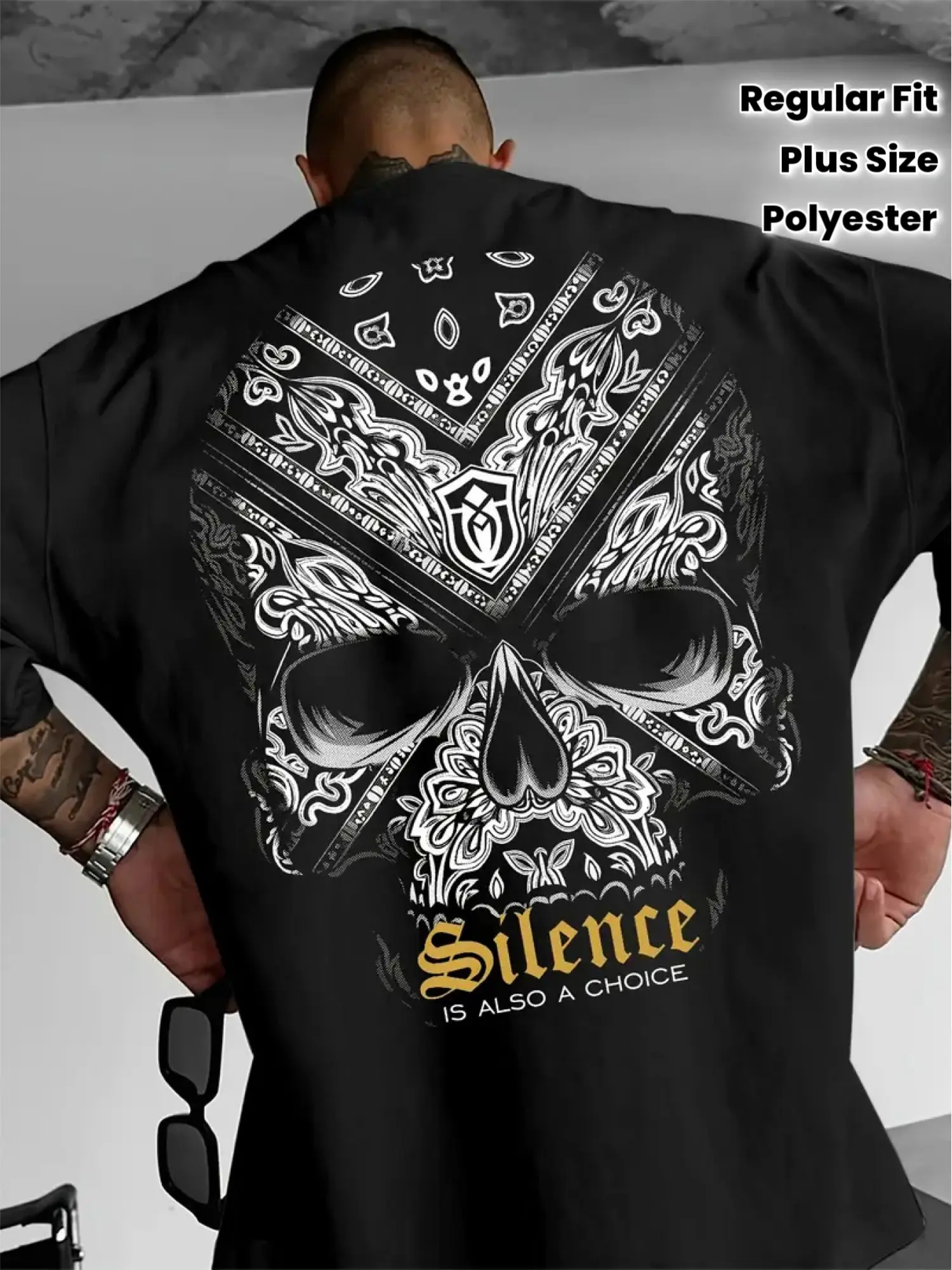 Plus Size Men’s Gothic Celtic Knot Paisley Tattoo Graphic Tee “Silence is Also an Option” Slogan Shirt Black White Streetwear Casual Soft Polyester Short Sleeve Crewneck Regular Fit Back Print Tattoo Style Fashion Top