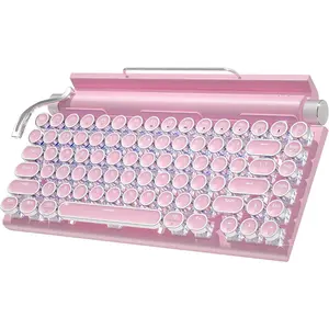 Retro Typewriter  Mechanical Gaming Keyboard,  5.0 Office Computer  Keyboards 83-Key Blue Switches Punk Round Keycap, LED Backlight, Compatible with PC/Laptop/Pad/Phone,