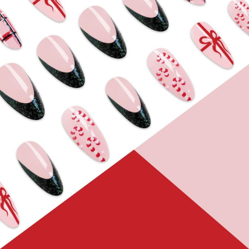 Christmas Press on Nails Medium Almond Fake Nails with Gift Design Green Glitter French Tips Glue on Nails Red Canes Stick on Nail Winter Xmas False Nail for Women Girls Holiday Manicure 24pcs