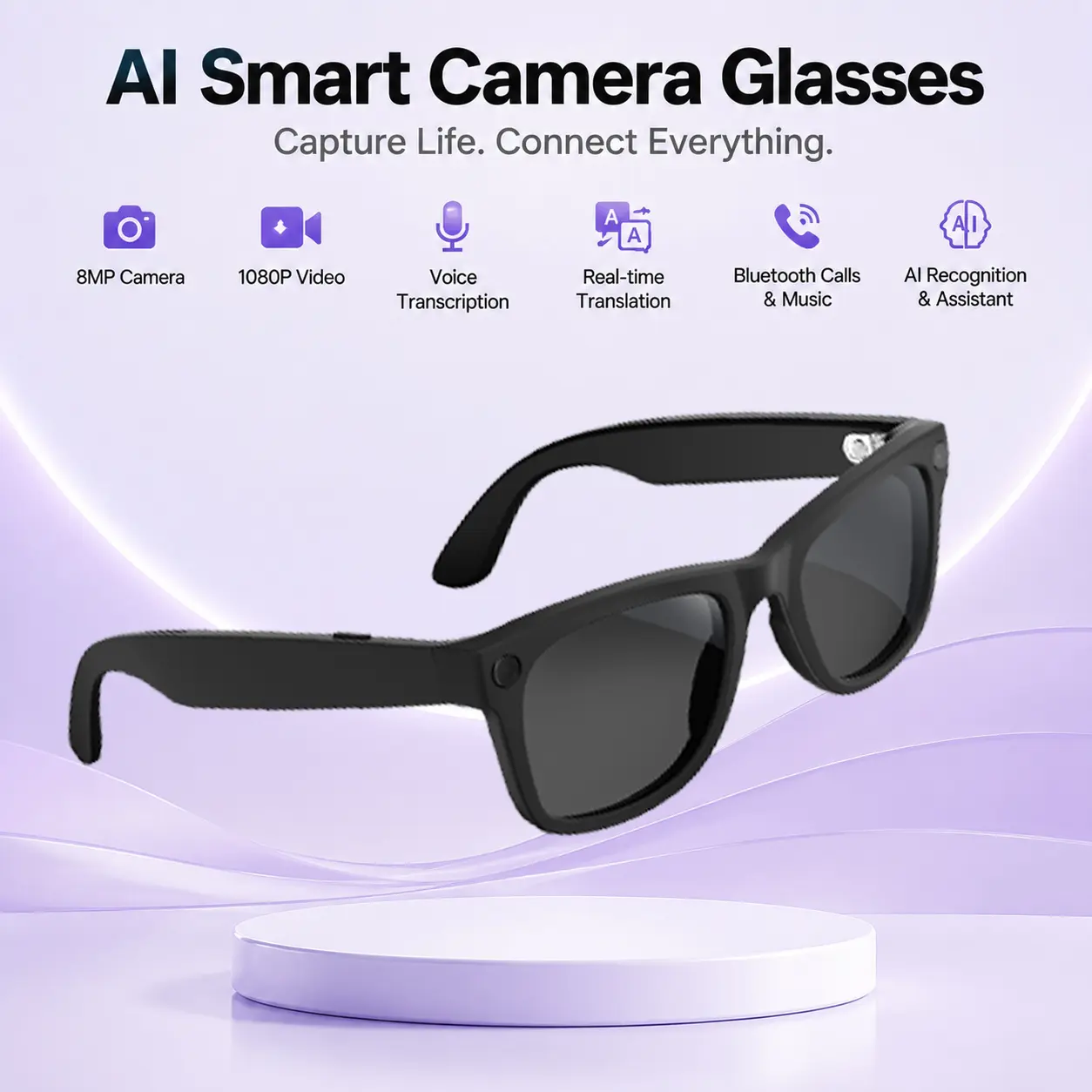 AI Smart Wearable Glasses | 8MP Recording Glasses with 1080P Video, Hands-Free Capture, AI Recognition, Real-Time Language Translation, Voice Assistant, Bluetooth Audio, Portable Charging Case, Music & Calls, Ideal for Outdoor, Everyday Use