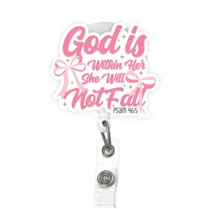 Retractable Acrylic Christian Faith ID Badge Reel - 24 in Glossy Surface, Psalm 46:5 Medical Badge Holder for Nurses