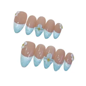 Hailey's almond shape beach sea blue flower french tips acrylic handmade press on nails A8