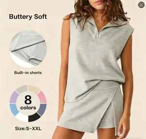 Womens 2 Piece Skirt Sets Summer Sleeveless Half Zip Sweatshirt Athletic Skorts Tennis Outfits Casual Sweatsuits