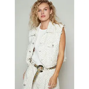POL Assymetrical Front Closure Raw Hem Floral Denim Vest