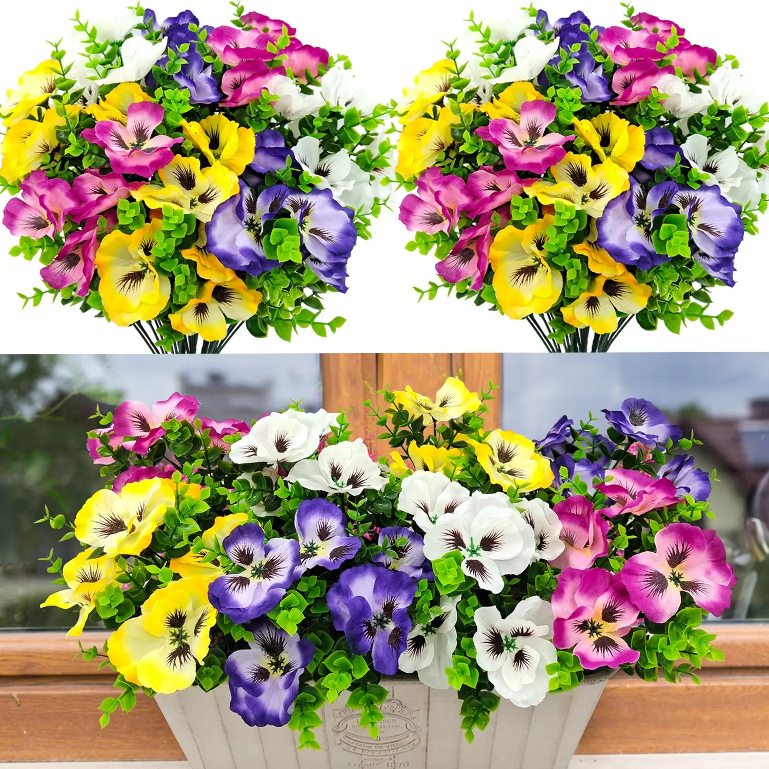 Pansies Artificial Flowers for Outdoors, UV Resistant 8 Bundles, Silk Pansy Plastic Fake Plants, Home Garden Window Box Patio Decor Artificial Flower Decorations