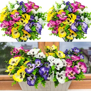 Pansies Artificial Flowers for Outdoors, UV Resistant 8 Bundles, Silk Pansy Plastic Fake Plants, Home Garden Window Box Patio Decor