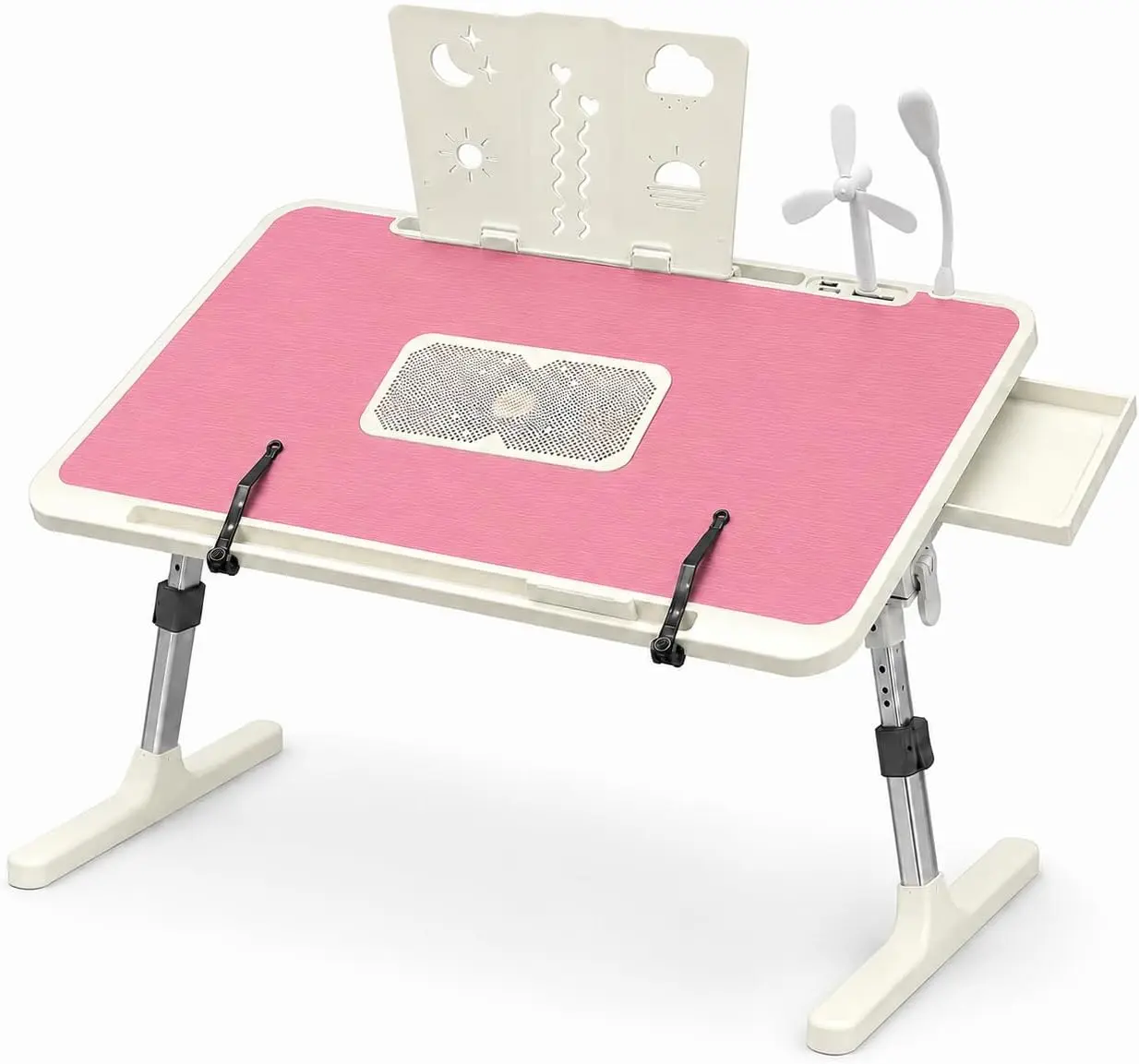 Laptop with Cooling Fan, Laptop Desk - Adjustable Light, USB， Storage Drawer - Folding Bed Table