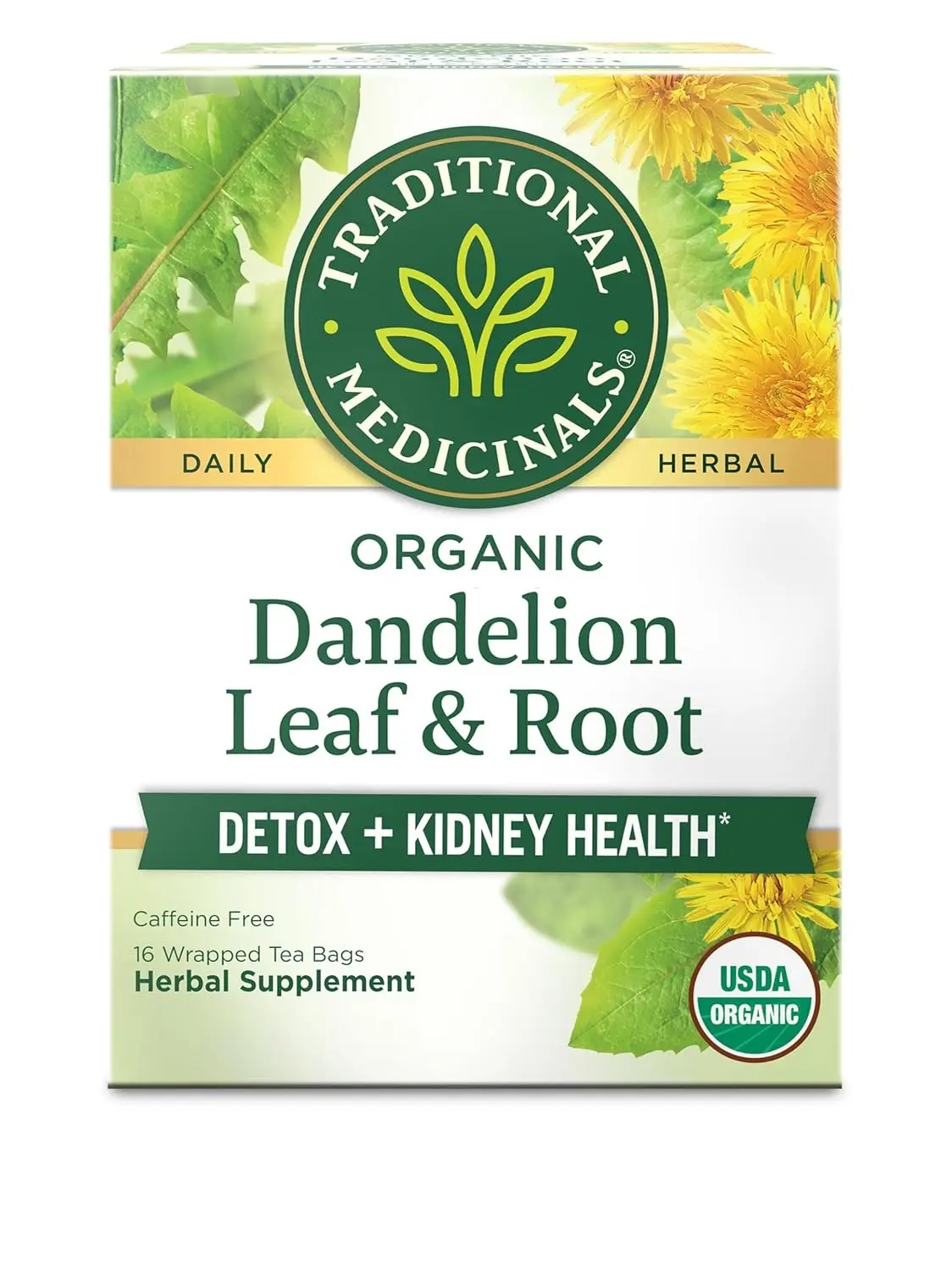Traditional Medicinals Certified Org. Dandelion Leaf & Root Tea - Caffeine Free, No GMO Fruit & Herbal Tea, Supports Detox + Digestion, Kosher, Compostable Box, 16 Bags