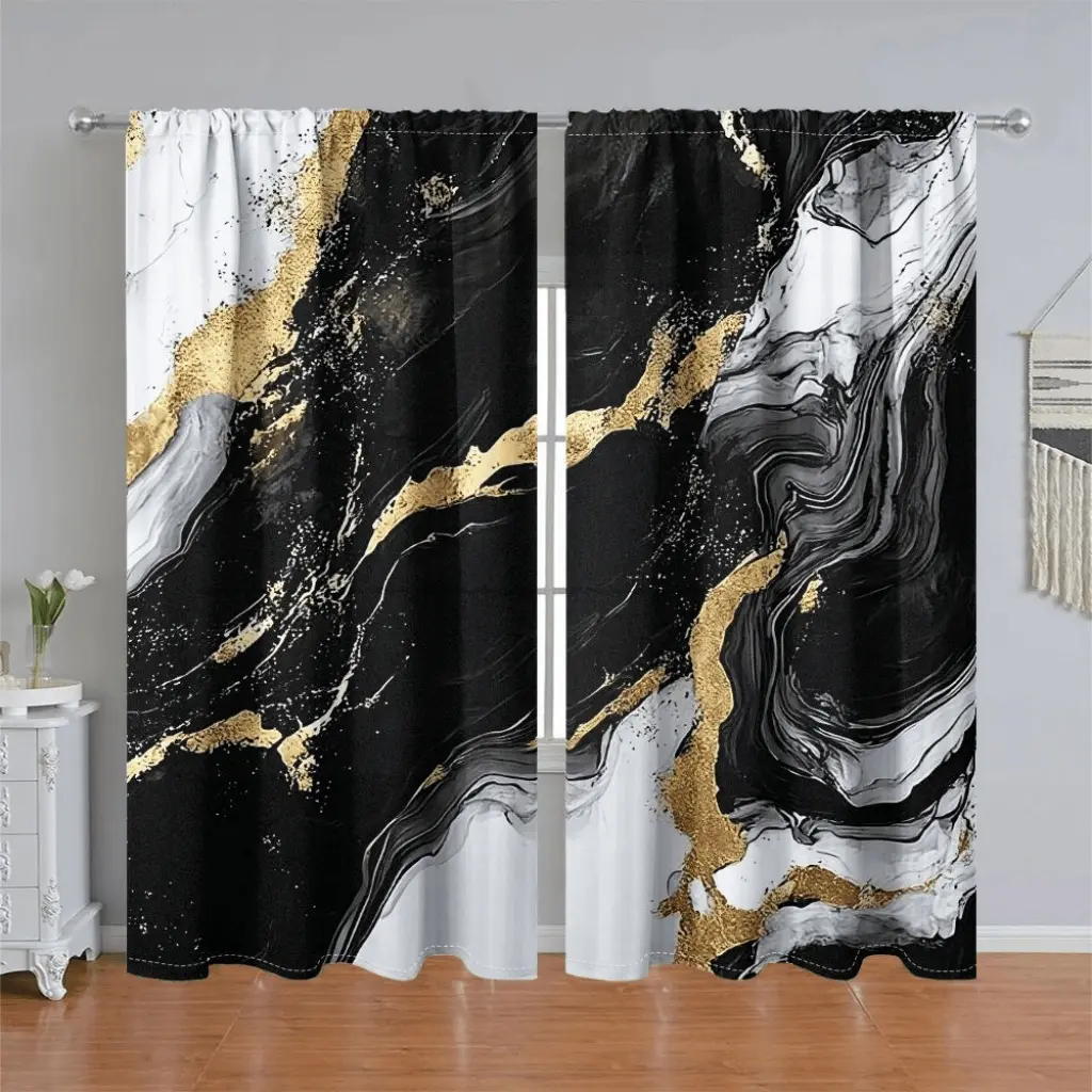 2Pcs Marble Texture Curtains, Modern Black and Gold Abstract Art Panel, Pole Pocket Style, Semi Sunshade, Suitable for Home Living Room, Bedroom, Balcony, Kitchen, Study Shower Window Decoration, Accessory, Anti Privacy.