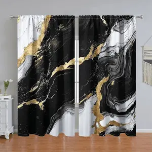 2Pcs Marble Texture Curtains, Modern Black and Gold Abstract Art Panel, Pole Pocket Style, Semi Sunshade, Suitable for Home Living Room, Bedroom, Balcony, Kitchen, Study Shower Window Decoration, Accessory, Anti Privacy.