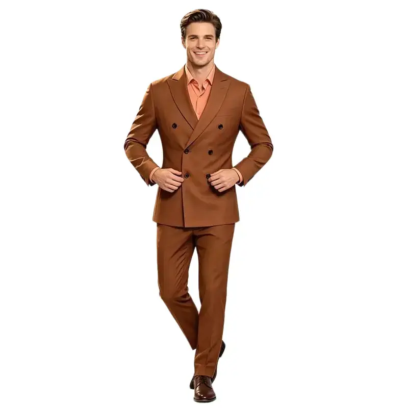 Elegant Caramel Brown Double Breasted Men Suit Set, Slim Fit Blazer & Pants for Wedding Ceremony Daily Formal Wear