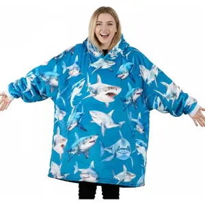 Gifts for Women Men Teens, Watercolor  Wearable Flannel Blanket Hoodie,  Flannel Sweatshirt with Hood,  Size, Blue