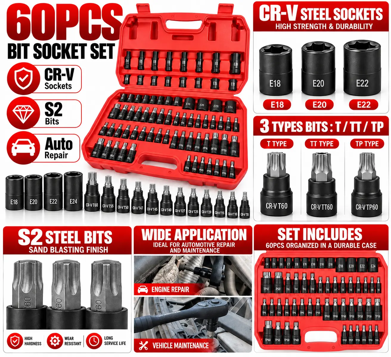 60-Piece Cr-V Steel Master Socket Combination Tool Set - Drive Sockets, External Torx, Tamper-Proof E-Torx, Star Fasteners Compatibility, Snug Fit for Vehicle Repair & Metal Surfaces, Mechanic Hand Tools with Carrying Case