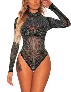 Bodysuit for Women's One Piece Lingerie Lace Black Iridescent Silver Rhinestone Studded Lace Mock Neck Sheer Mesh Tops,Turtleneck Neck See Through Leotard Body Underwear Excluding Bras,Lady Clubwear Sexy Perspective Outfit,Vocal Concert Clothing