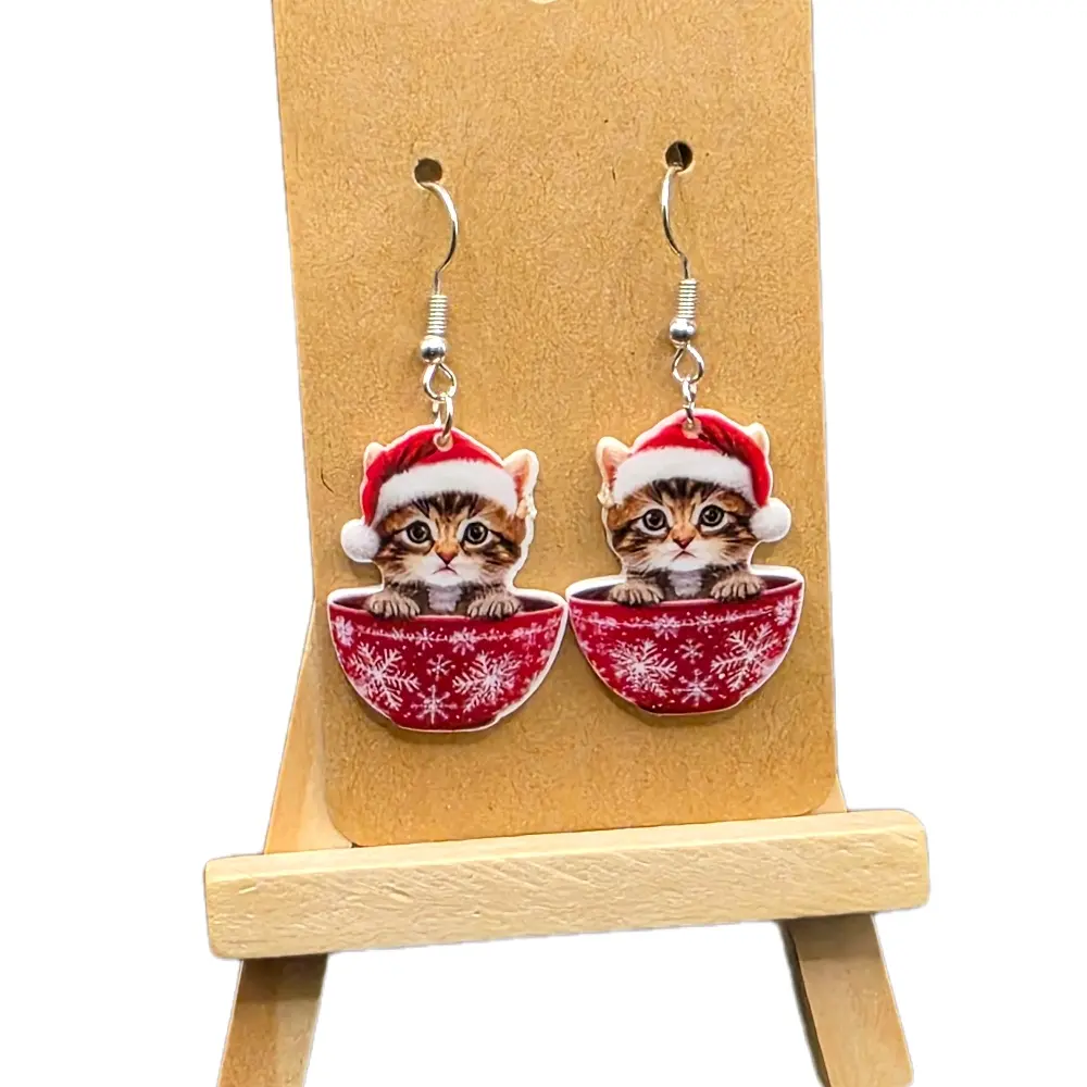 Cartoon Cat & Snowflake Dangle Hook Earrings - Lightweight Unisex Acrylic Plastic Casual Jewelry, Charming Christmas Party Accessory (Note: Small ball poses choking hazard)