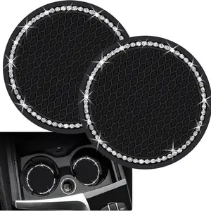 2 Piece Glitter Car Cup Mats, 2.75 Inch Silicone Anti-Slip Crystal Rhinestone Drink Coasters, Universal Car Interior Accessories ()