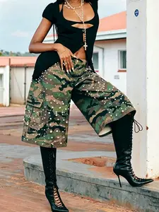 Women's Casual Camo Cargo Pants, Loose-Fitting Cropped Jeans with Multiple Pockets, Spring & Fall Fashion, Camouflage, S391539