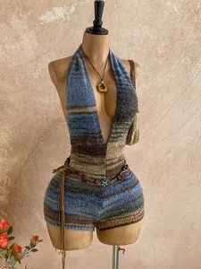 Soleia Women's Sexy Contrast Stripe Backless Halter Neck Knit Romper – Winter Fashion Outfit