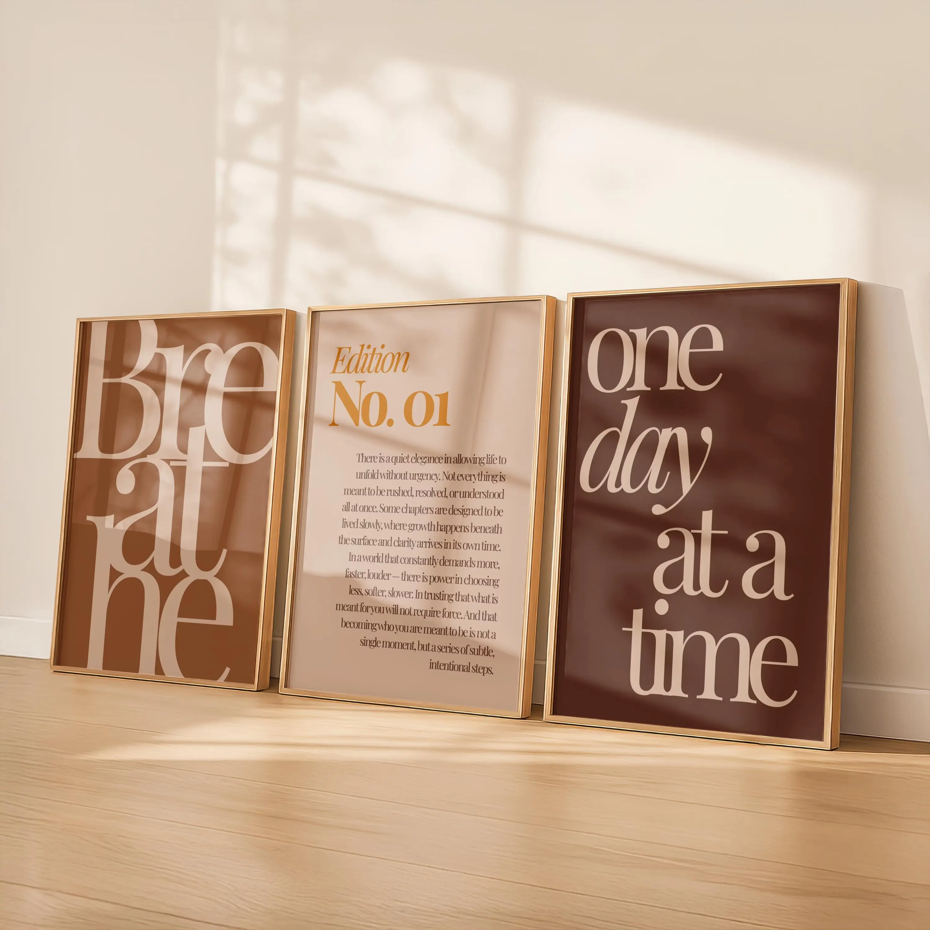 Brown Poster Unframed  Set of 3, Warm Neutral Prints, Terracotta Beige Wall Decor, Minimalist Typography Poster Set, One Day At A Time Printable